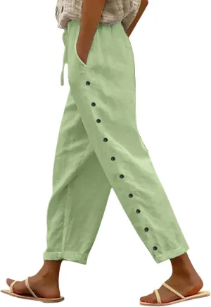 Linen Pants Women Summer Side Button Pants Hight Waist Drawstring Casual Loose Solid Pants with Pockets