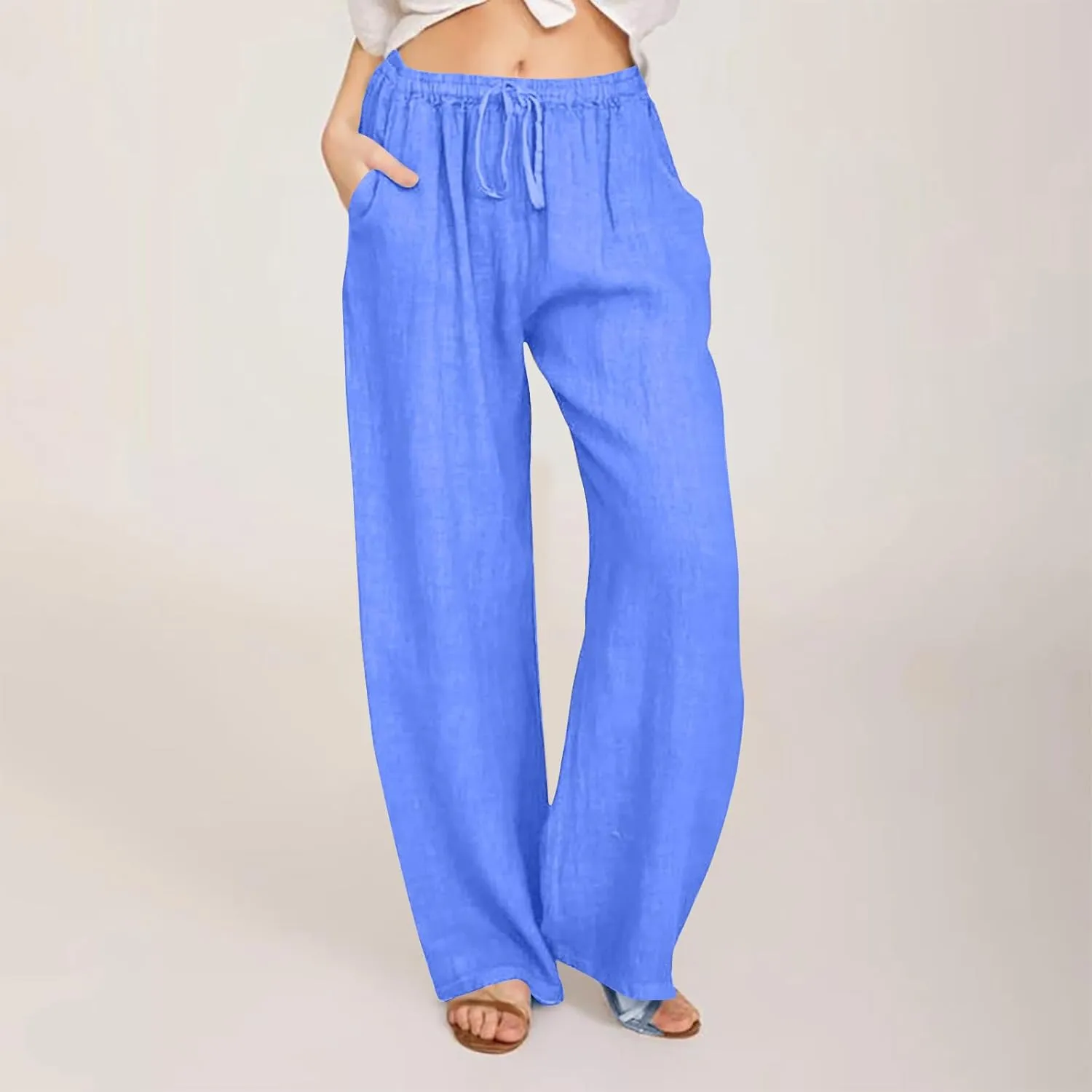 Linen Pants Women Tall 2025 Trendy Wide Leg Cotton Linen Trousers with Pockets, Lightweight for Travel & Daily Casual