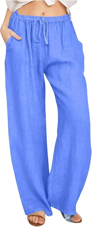Linen Pants Women Tall 2025 Trendy Wide Leg Cotton Linen Trousers with Pockets, Lightweight for Travel & Daily Casual