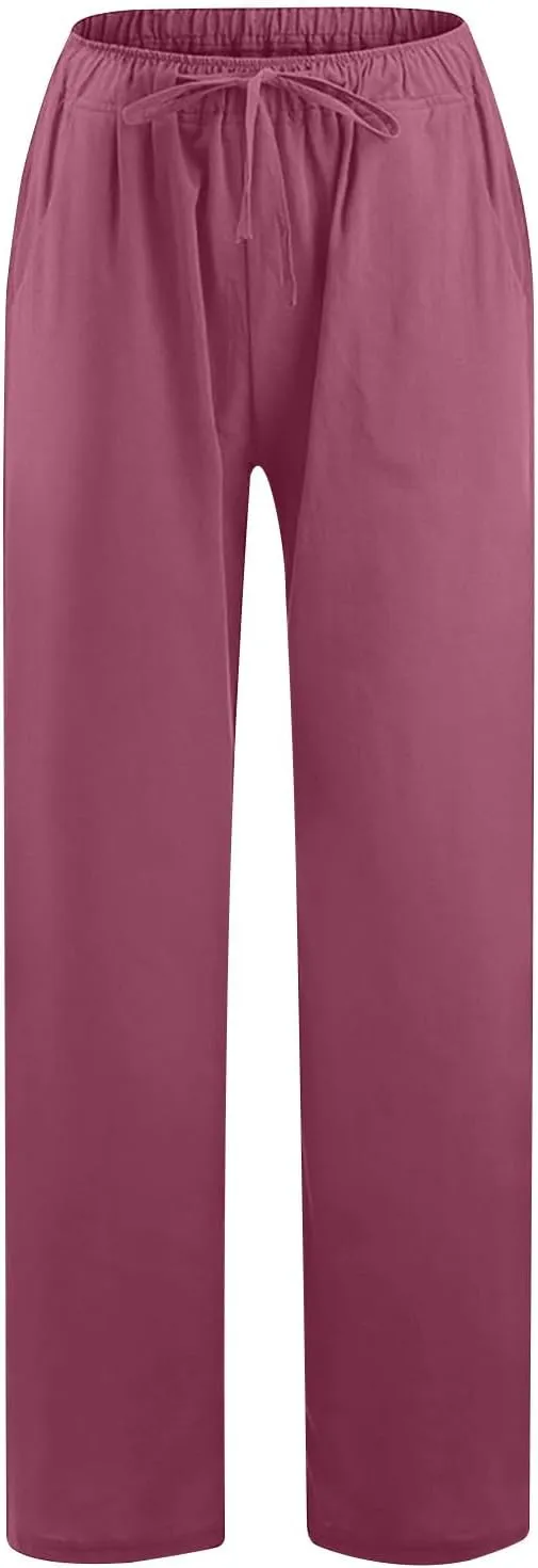 Linen Pants Women Tall 2025 Trendy Wide Leg Cotton Linen Trousers with Pockets, Lightweight for Travel & Daily Casual