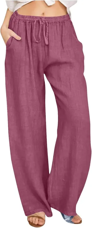 Linen Pants Women Tall 2025 Trendy Wide Leg Cotton Linen Trousers with Pockets, Lightweight for Travel & Daily Casual