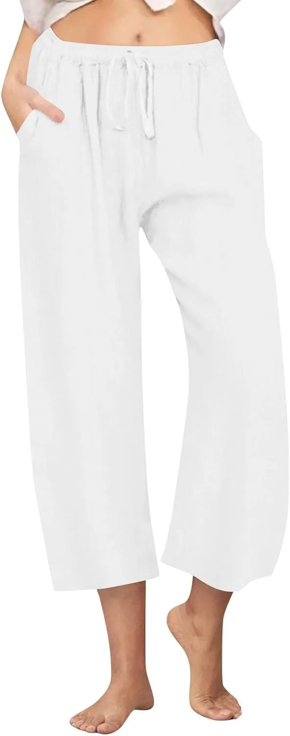 Linen Pants Women Wide Leg Crop Lounge Trousers Elastic Waist Drawstring Loose Capri Slacks Summer Beach Pants