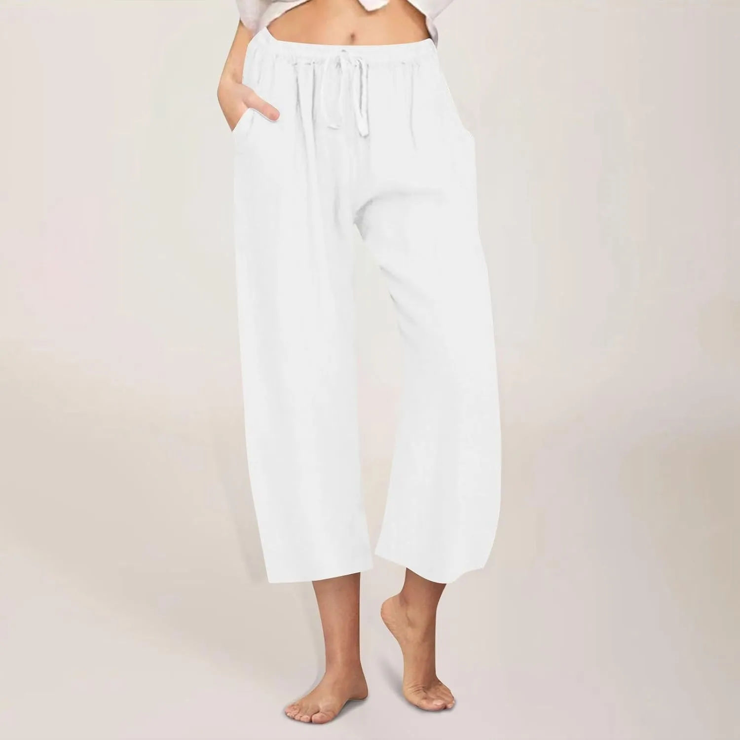 Linen Pants Women Wide Leg Crop Lounge Trousers Elastic Waist Drawstring Loose Capri Slacks Summer Beach Pants