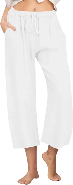 Linen Pants Women Wide Leg Crop Lounge Trousers Elastic Waist Drawstring Loose Capri Slacks Summer Beach Pants