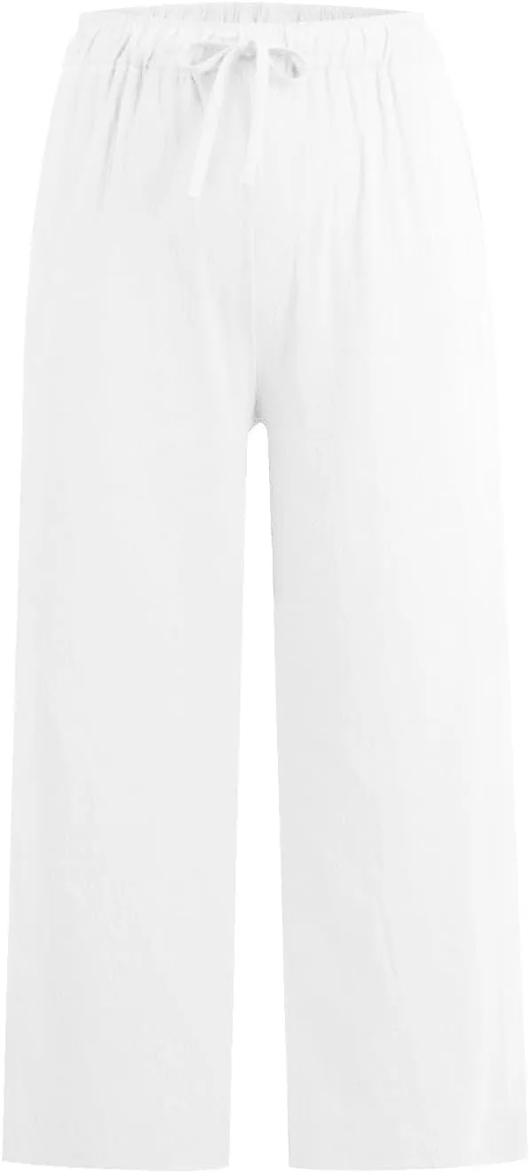 Linen Pants Women Wide Leg Crop Lounge Trousers Elastic Waist Drawstring Loose Capri Slacks Summer Beach Pants
