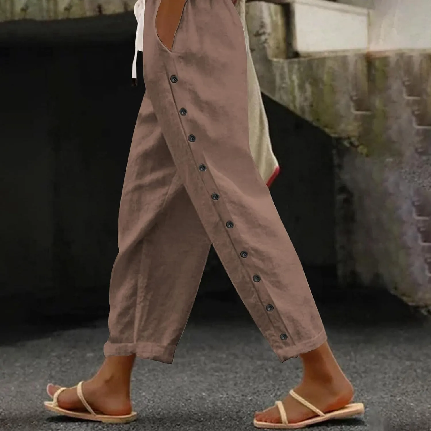 Linen Pants Womens Summer Casual Elastic Waist Drawstring Baggy Lightweight Trendy Palazzo Harem Trouser with Pockets