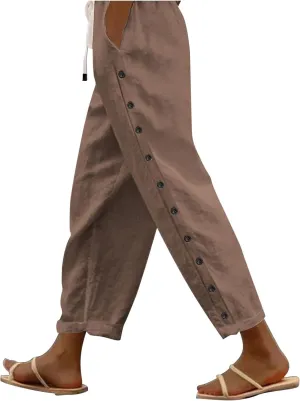 Linen Pants Womens Summer Casual Elastic Waist Drawstring Baggy Lightweight Trendy Palazzo Harem Trouser with Pockets
