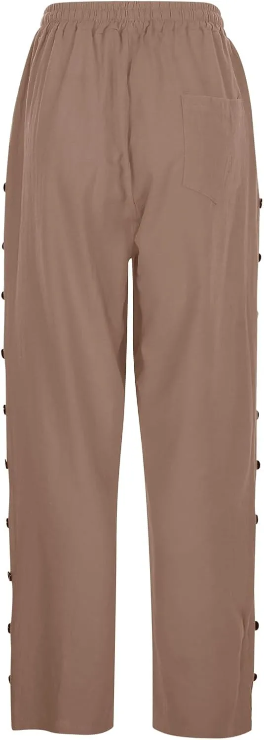 Linen Pants Womens Summer Casual Elastic Waist Drawstring Baggy Lightweight Trendy Palazzo Harem Trouser with Pockets