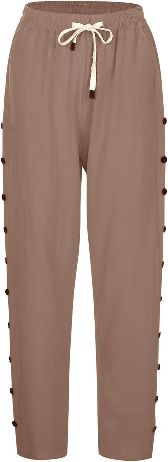 Linen Pants Womens Summer Casual Elastic Waist Drawstring Baggy Lightweight Trendy Palazzo Harem Trouser with Pockets