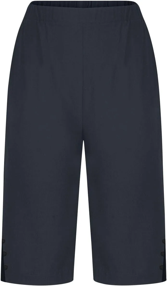 Linen Short Pants for Women Knee Length Summer Drawstring Elastic High Waist Womens Pant Straight Comfy Leg Trouser