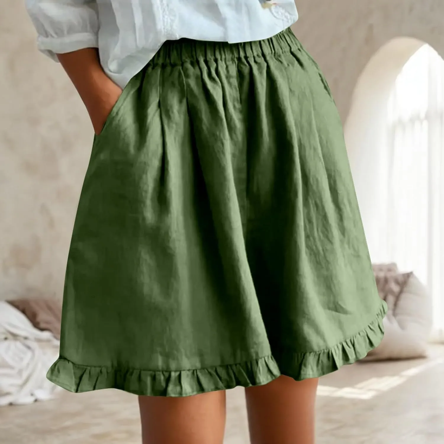 Linen Shorts for Women Elastic Waist Baggy Comfort Short Pants Beach Summer Wide Leg Drawstring Pockets Outfits