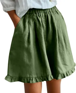 Linen Shorts for Women Elastic Waist Baggy Comfort Short Pants Beach Summer Wide Leg Drawstring Pockets Outfits