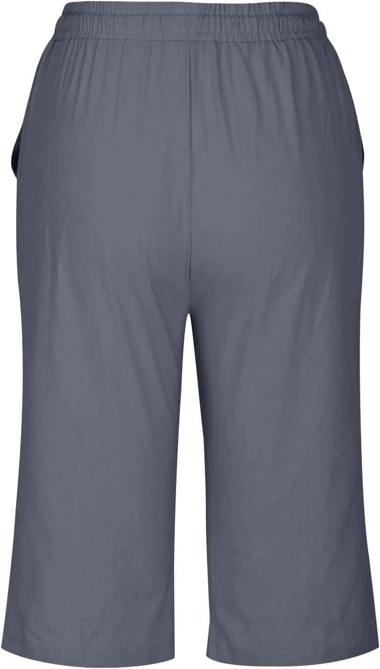 Linen Trousers for Women Solid Color Casual Side Lace Summer Drawstring Pants with Pocket for Beach Vacations