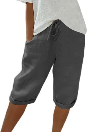 Linen Trousers for Women Solid Color Casual Side Lace Summer Drawstring Pants with Pocket for Beach Vacations