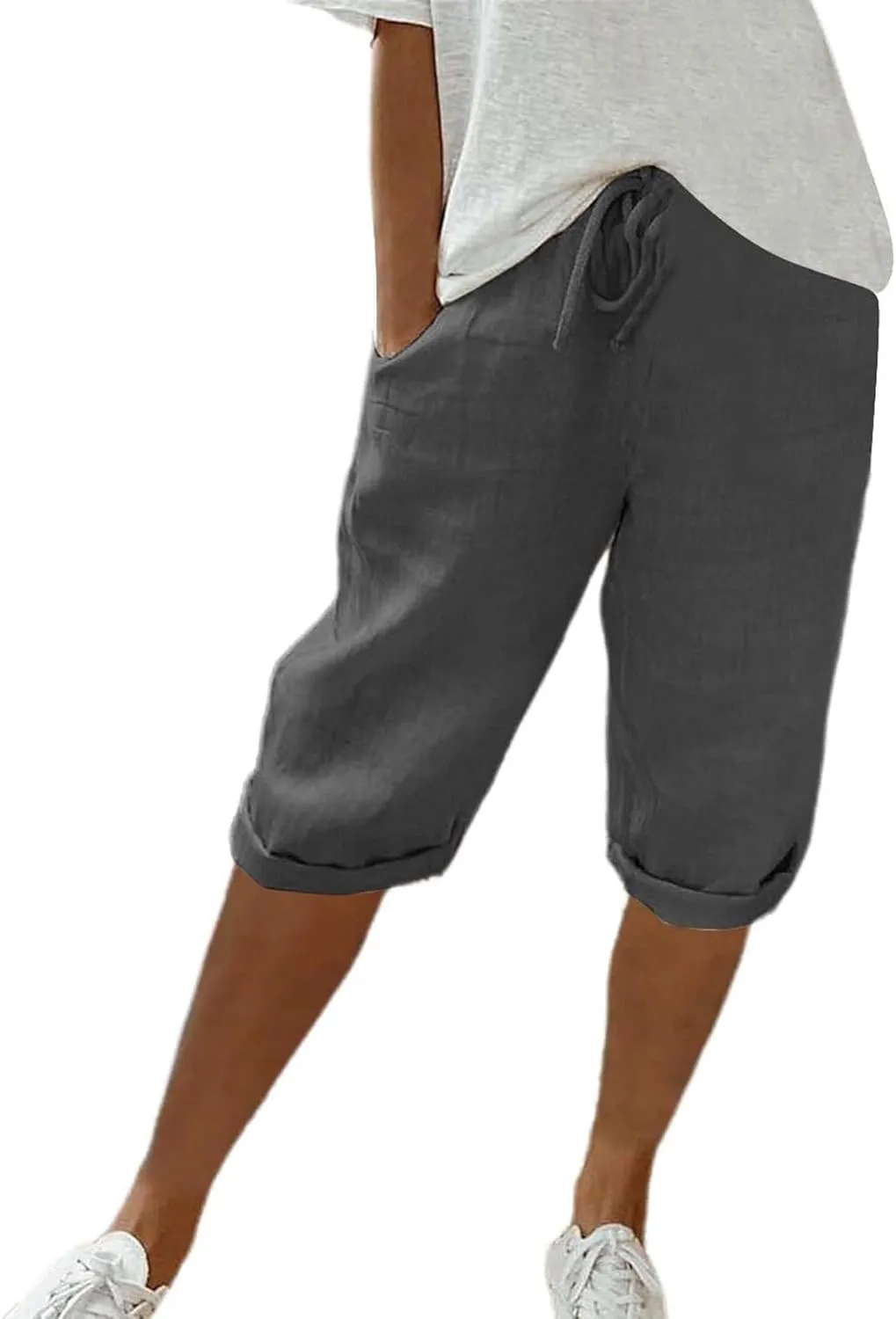 Linen Trousers for Women Solid Color Casual Side Lace Summer Drawstring Pants with Pocket for Beach Vacations