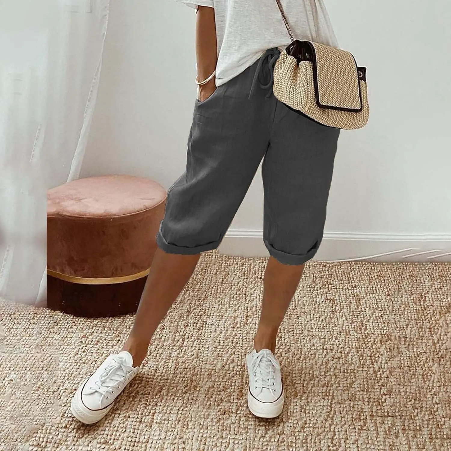 Linen Trousers for Women Solid Color Casual Side Lace Summer Drawstring Pants with Pocket for Beach Vacations