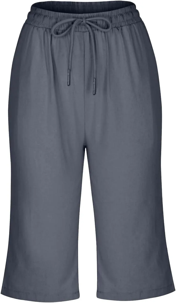 Linen Trousers for Women Solid Color Casual Side Lace Summer Drawstring Pants with Pocket for Beach Vacations