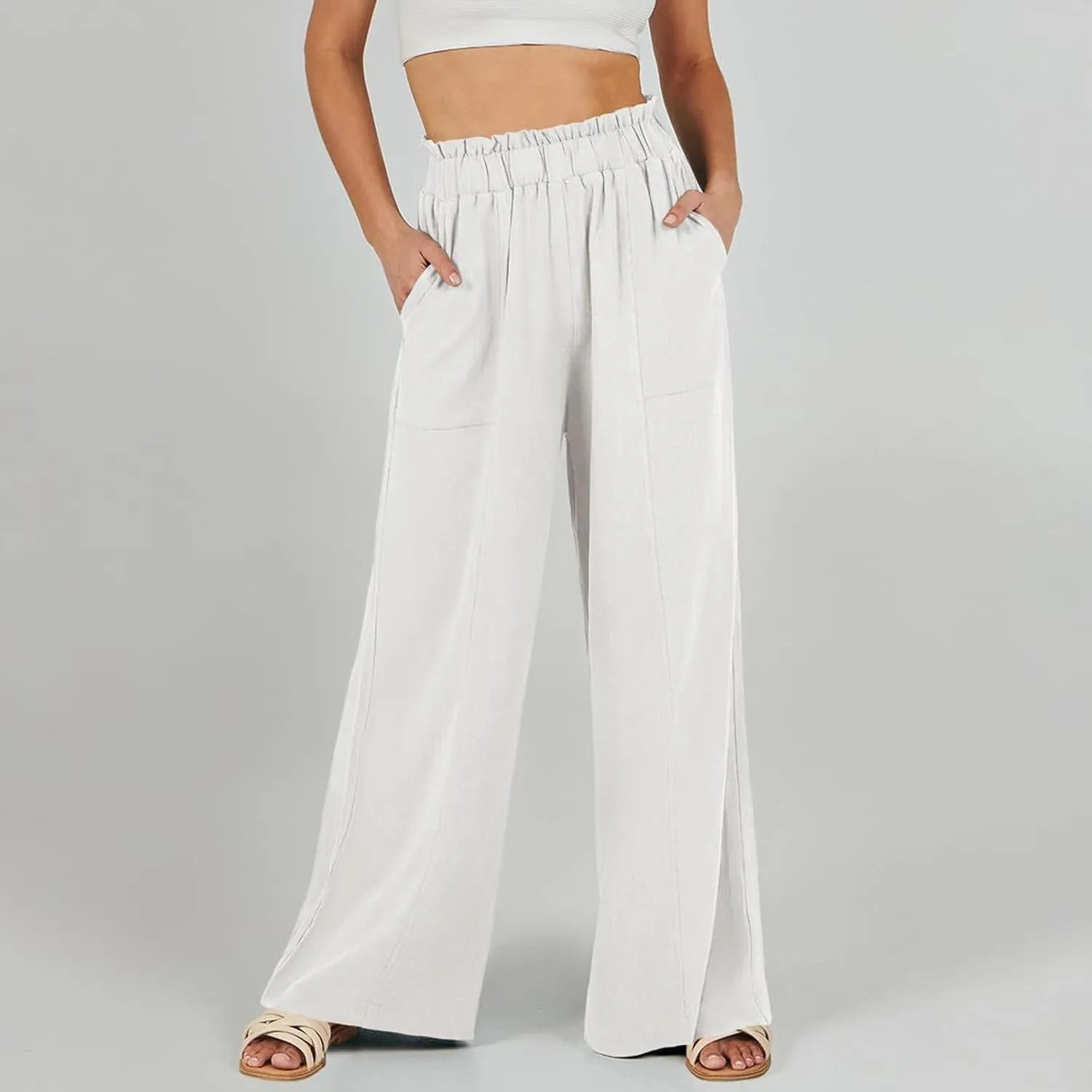 Linen Wide Leg Pants for Women Summer Casual Loose Flowy High Waited Beach Pants Trendy Summer Outfits with Pockets