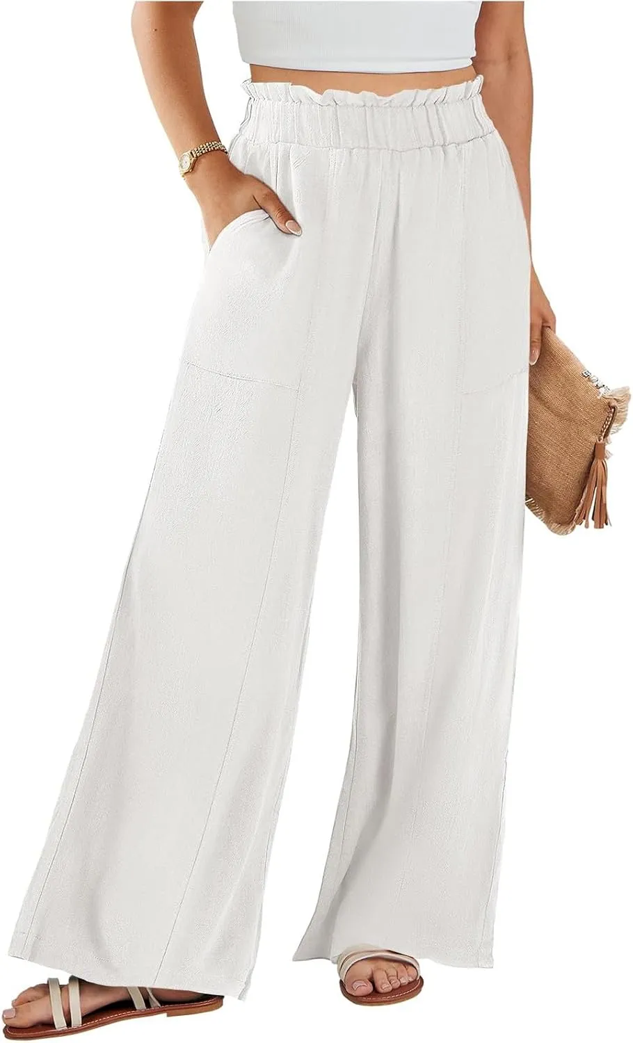 Linen Wide Leg Pants for Women Summer Casual Loose Flowy High Waited Beach Pants Trendy Summer Outfits with Pockets