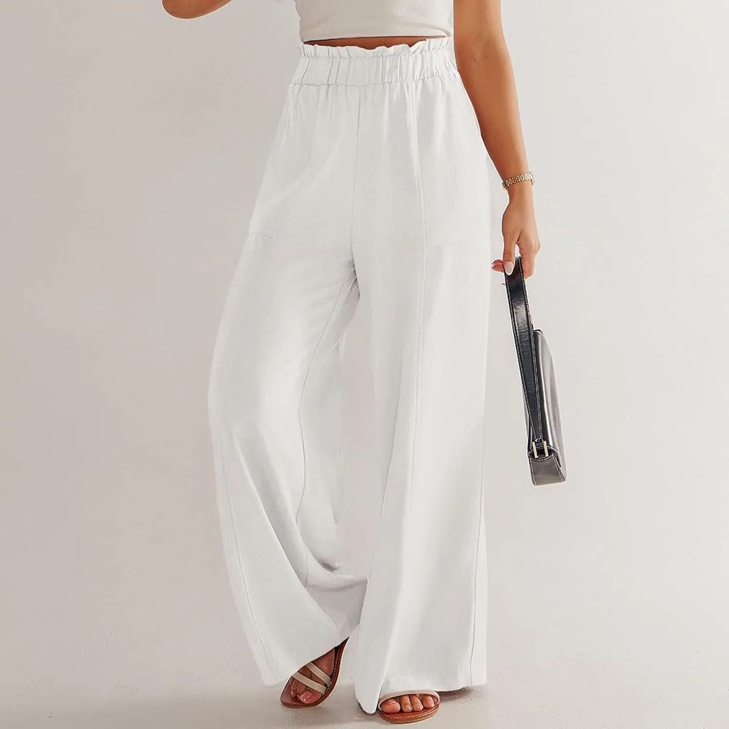 Linen Wide Leg Pants for Women Summer Casual Loose Flowy High Waited Beach Pants Trendy Summer Outfits with Pockets