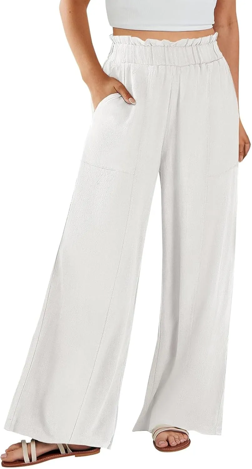 Linen Wide Leg Pants for Women Summer Casual Loose Flowy High Waited Beach Pants Trendy Summer Outfits with Pockets