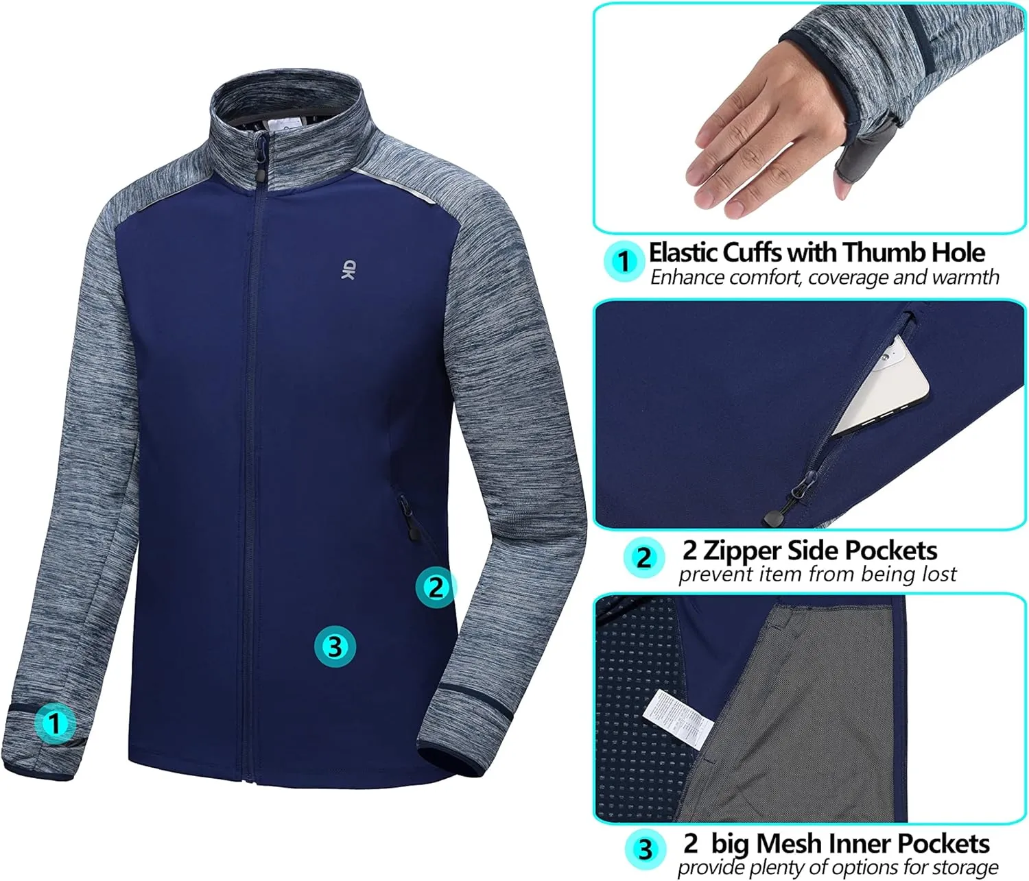 Little Donkey Andy Men's Quick Dry Warm Lightweight Running Jacket Full Zip Thermal Hybrid Thumbholes Golf Track Jacket