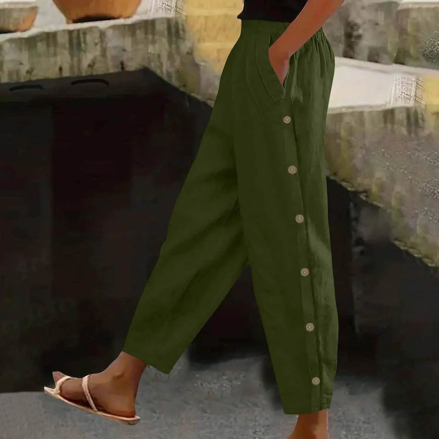 Lmdudan 2025 Womens Casual Linen Pants High Waist Summer Boho Beach Pants Lounge Pant Trousers with Pockets Vacation Outfits