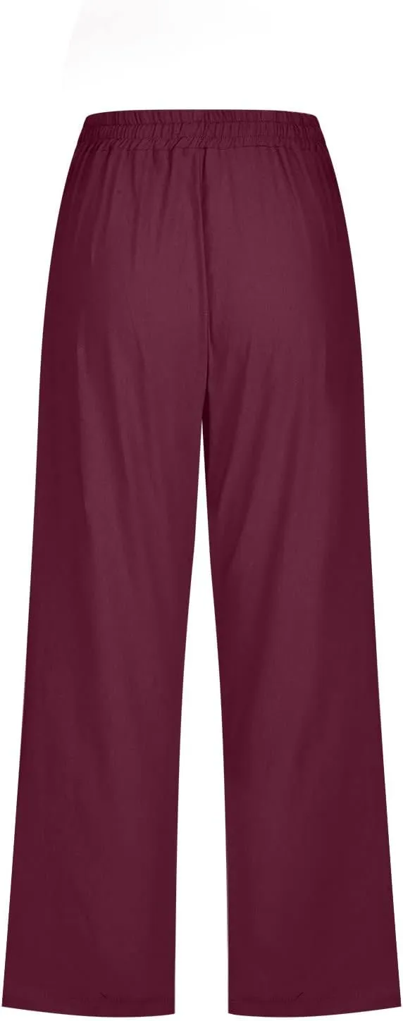Lmdudan Cotton Linen Capri Pants for Women Summer Drawstring Elastic High Waist Casual Pant Straight Wide Leg Cropped Trouser