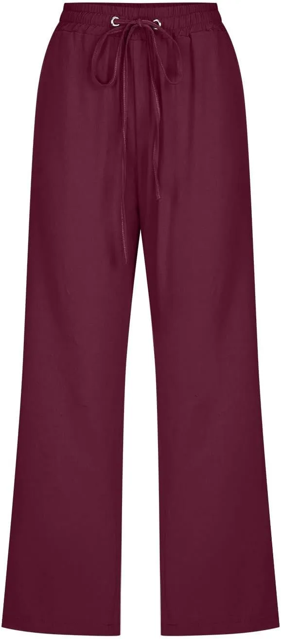 Lmdudan Cotton Linen Capri Pants for Women Summer Drawstring Elastic High Waist Casual Pant Straight Wide Leg Cropped Trouser
