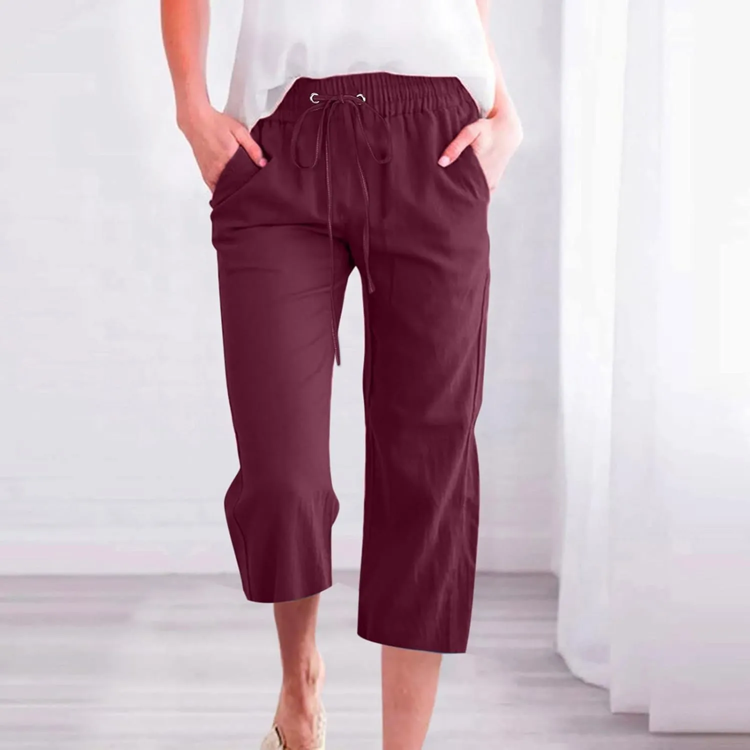 Lmdudan Cotton Linen Capri Pants for Women Summer Drawstring Elastic High Waist Casual Pant Straight Wide Leg Cropped Trouser