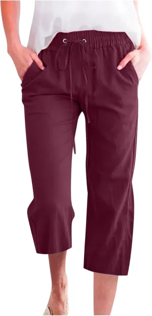 Lmdudan Cotton Linen Capri Pants for Women Summer Drawstring Elastic High Waist Casual Pant Straight Wide Leg Cropped Trouser