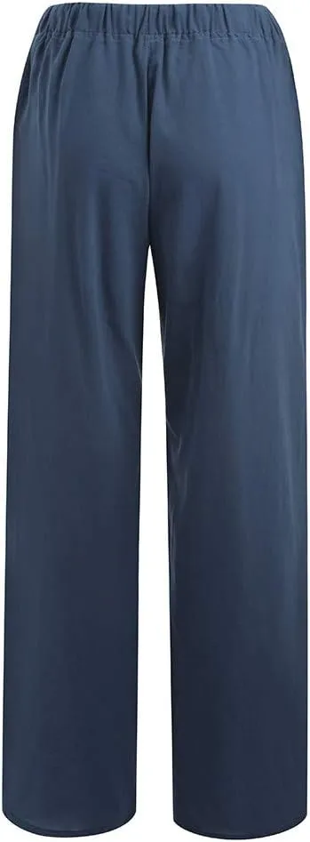 LRMQS Womens Pants Casual Trendy 2024 Spring Drawstring Loose Fit Trouser Lounge Beach Straight Linen Wide Leg Palazzo Outfit