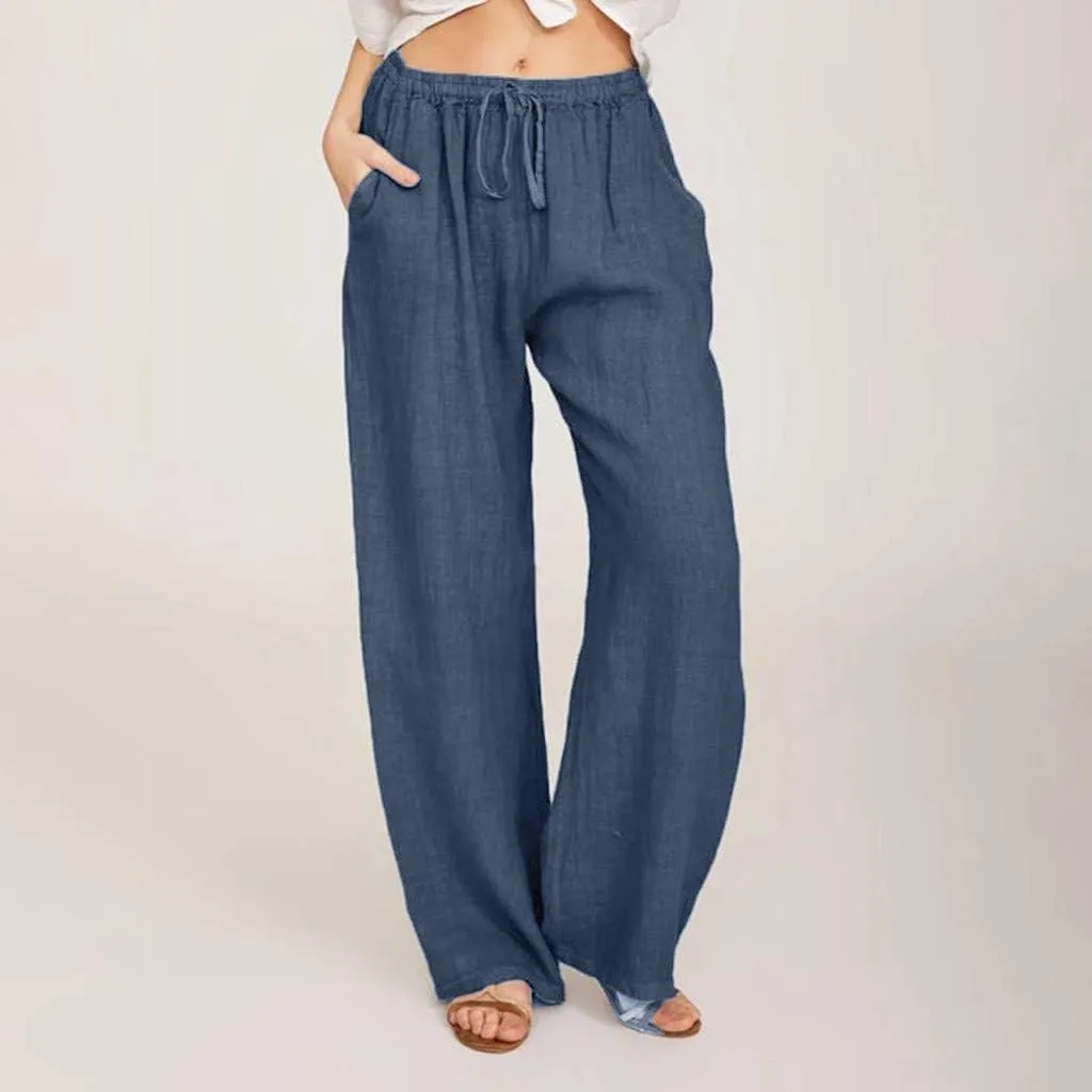 LRMQS Womens Pants Casual Trendy 2024 Spring Drawstring Loose Fit Trouser Lounge Beach Straight Linen Wide Leg Palazzo Outfit