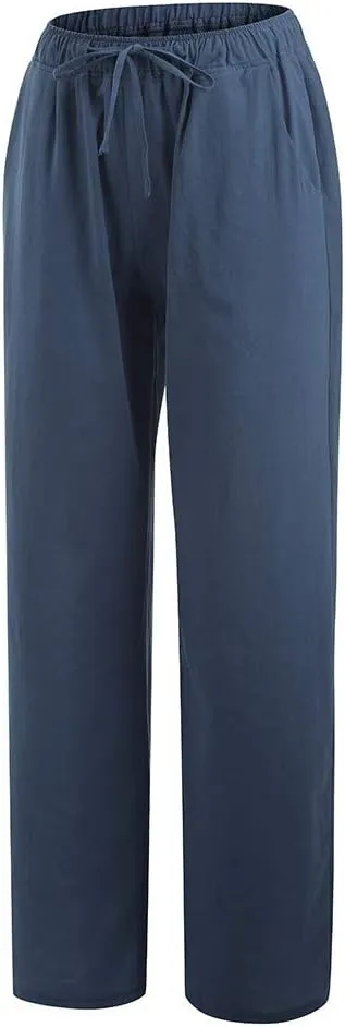 LRMQS Womens Pants Casual Trendy 2024 Spring Drawstring Loose Fit Trouser Lounge Beach Straight Linen Wide Leg Palazzo Outfit