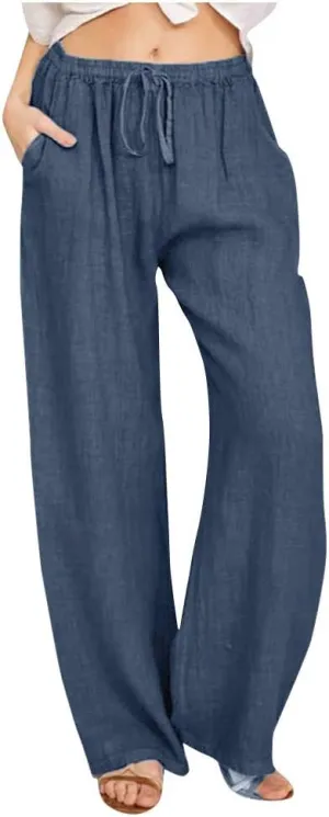 LRMQS Womens Pants Casual Trendy 2024 Spring Drawstring Loose Fit Trouser Lounge Beach Straight Linen Wide Leg Palazzo Outfit