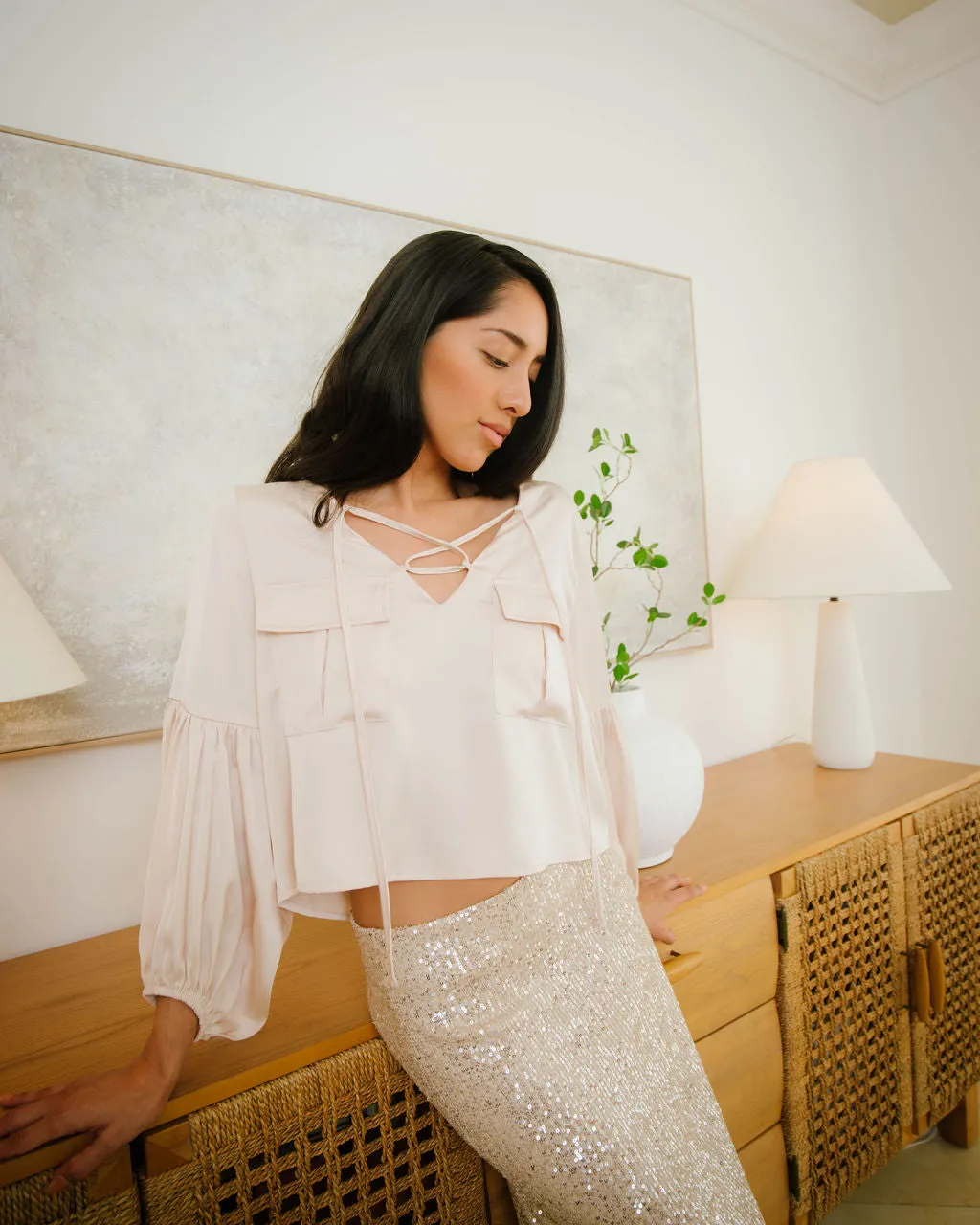 Luminous Satin Long Sleeve V-Neck Blouse