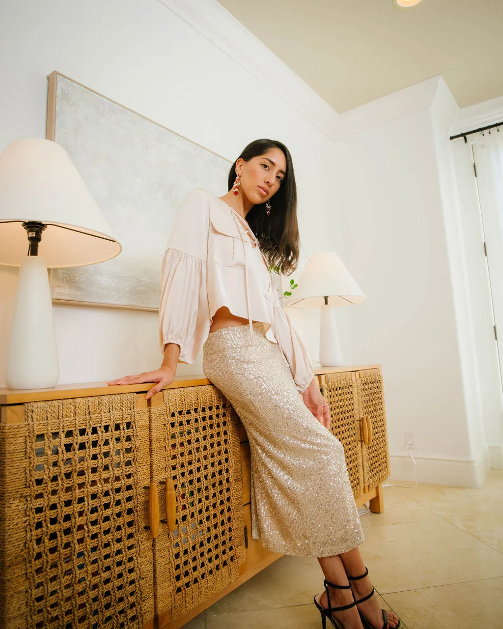 Luminous Satin Long Sleeve V-Neck Blouse