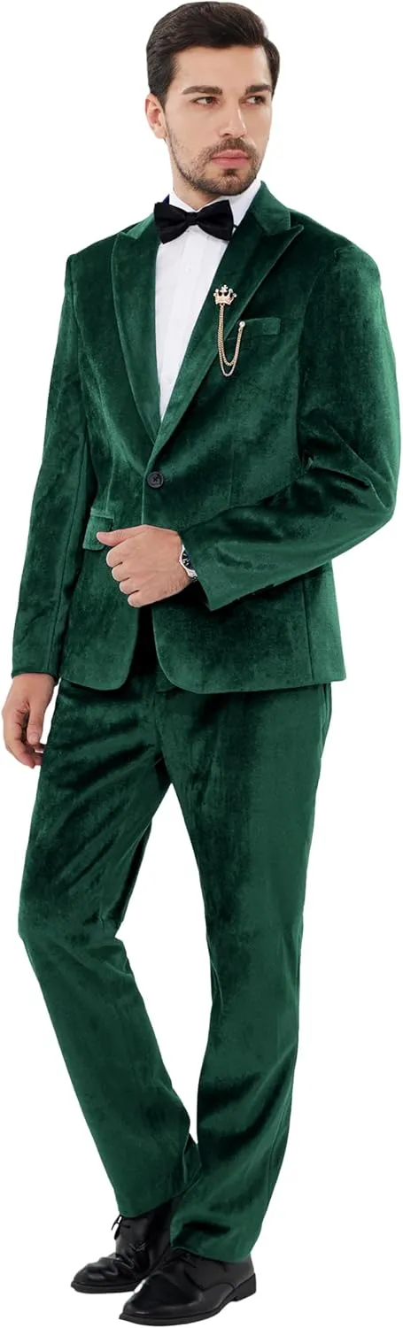 MAGE MALE Men's 2 Piece Velvet Suit One Button Tuxedo Slim Fit Luxurious Blazer Party Dinner Jacket & Pants