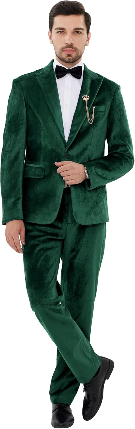MAGE MALE Men's 2 Piece Velvet Suit One Button Tuxedo Slim Fit Luxurious Blazer Party Dinner Jacket & Pants