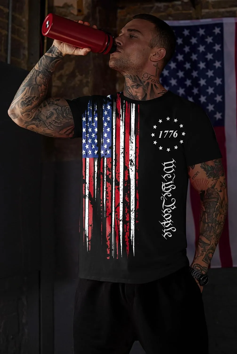 Mainfini Men's 4th of July T-Shirt American Flag 1776 Short Sleeve Tshirt (S-3XL)