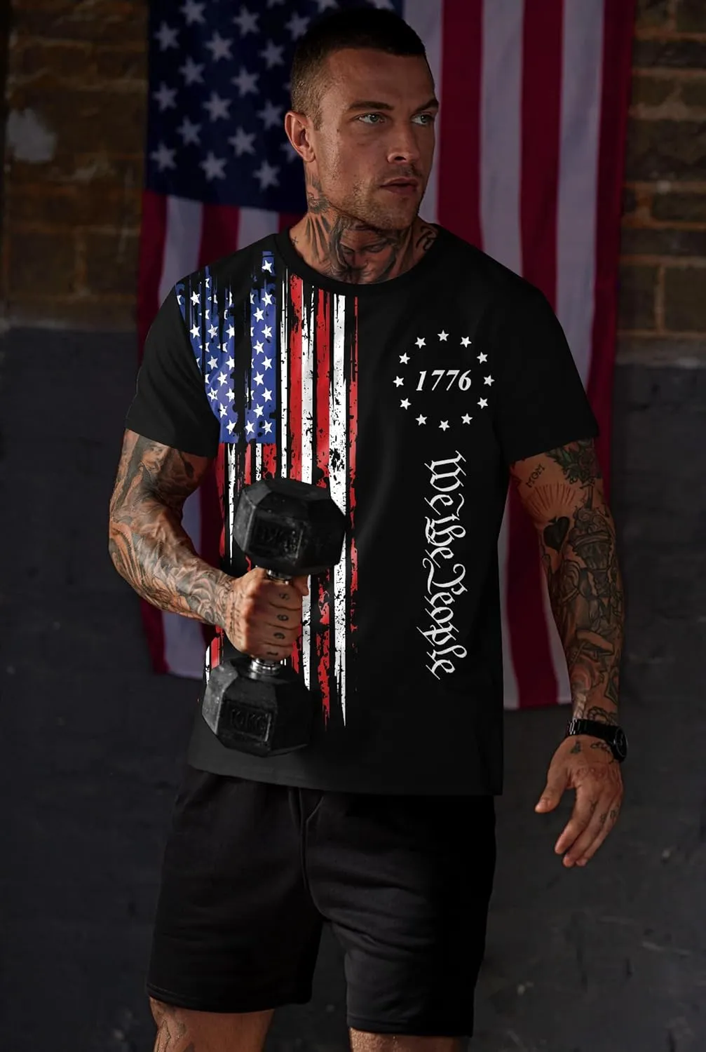 Mainfini Men's 4th of July T-Shirt American Flag 1776 Short Sleeve Tshirt (S-3XL)