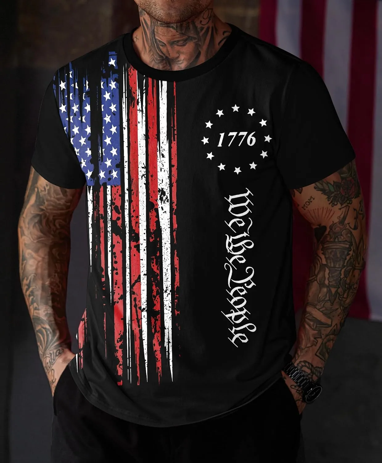 Mainfini Men's 4th of July T-Shirt American Flag 1776 Short Sleeve Tshirt (S-3XL)
