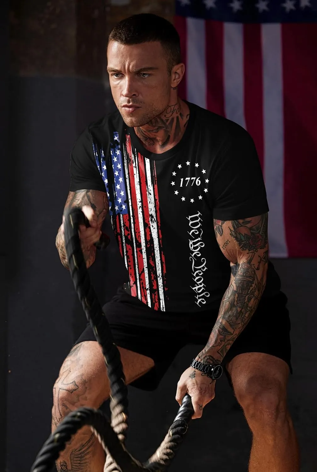 Mainfini Men's 4th of July T-Shirt American Flag 1776 Short Sleeve Tshirt (S-3XL)