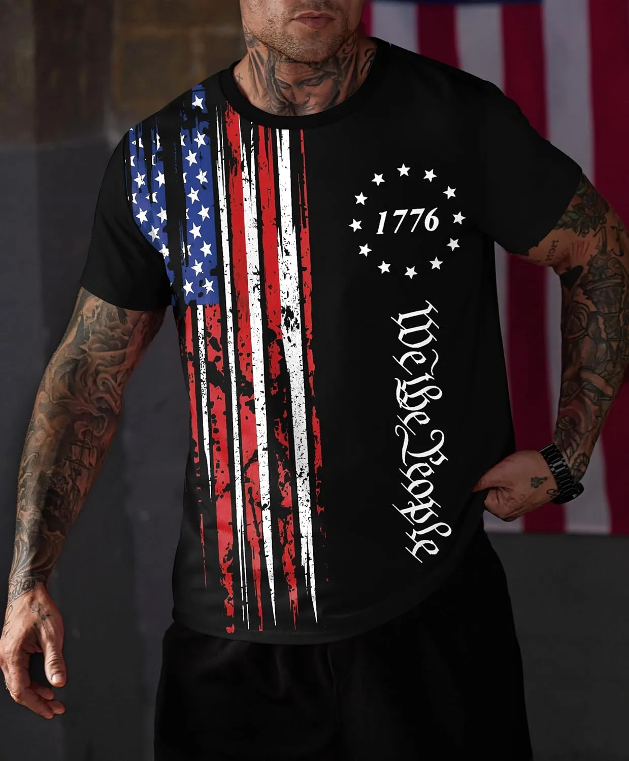Mainfini Men's 4th of July T-Shirt American Flag 1776 Short Sleeve Tshirt (S-3XL)