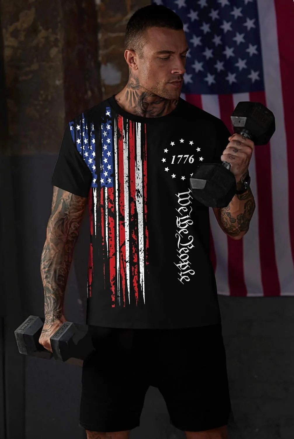 Mainfini Men's 4th of July T-Shirt American Flag 1776 Short Sleeve Tshirt (S-3XL)