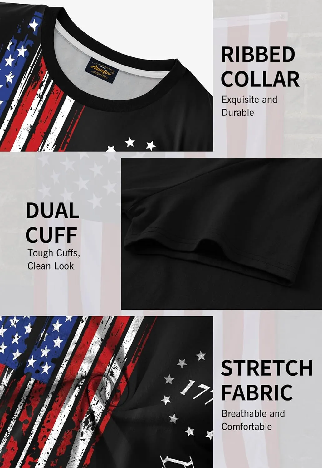 Mainfini Men's 4th of July T-Shirt American Flag 1776 Short Sleeve Tshirt (S-3XL)
