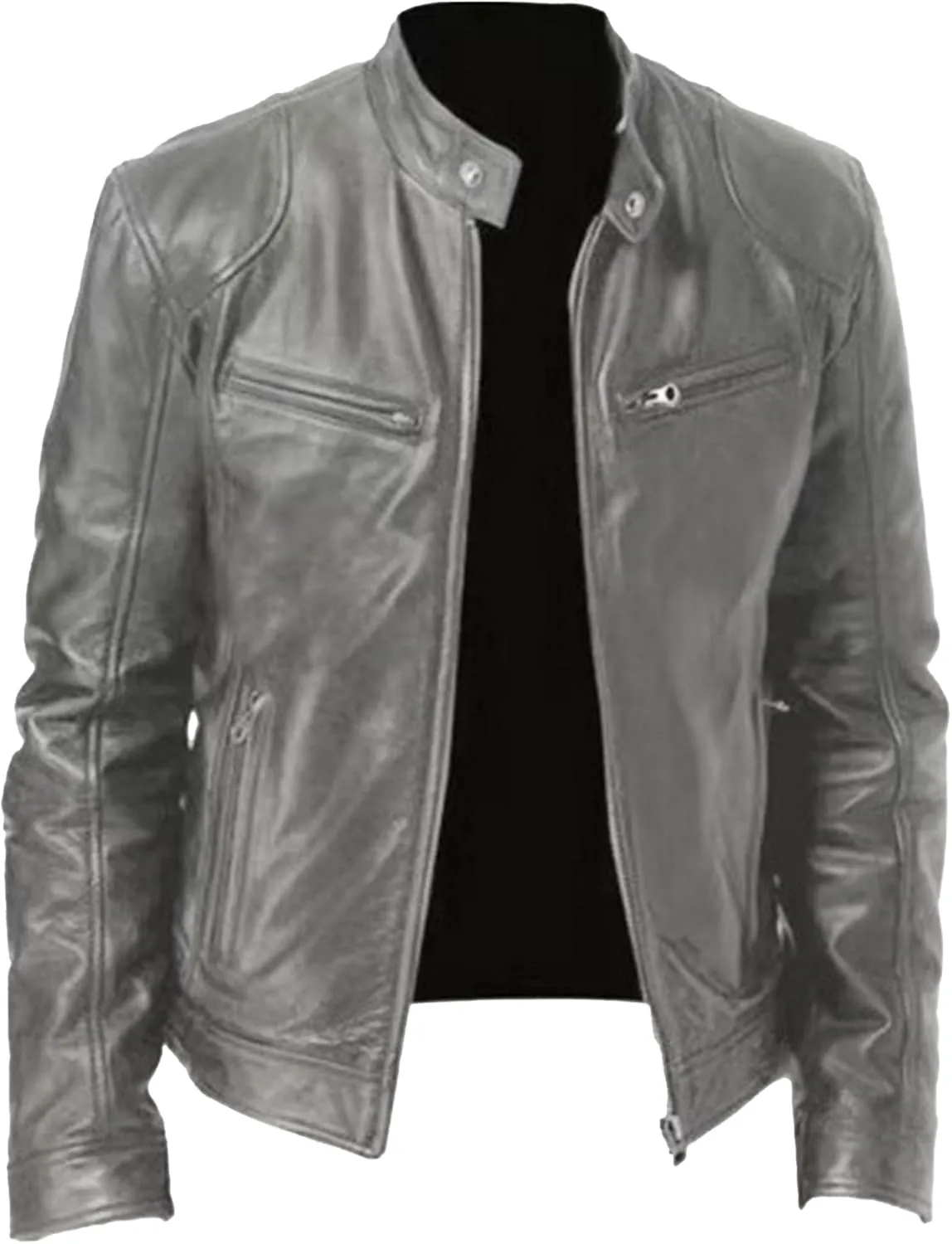 Maiyifu-GJ Men's Leather Jackets Stand Collar Slim Fit Faux Leather Jacket Casual Lightweight Motorcycle Biker Coat Outerwear