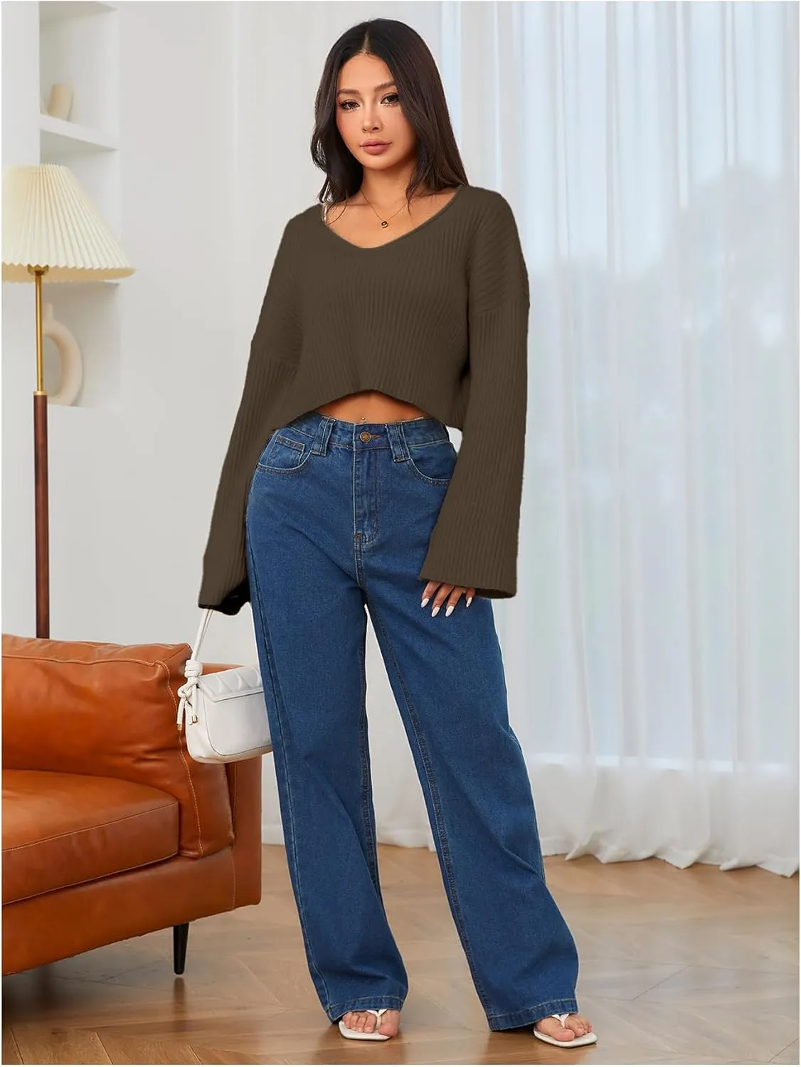 MakeMeChic Women's Cream Cropped Sweater Knit Crop Top Sweater V Neck Drop Shoulder Long Sleeve Pullover