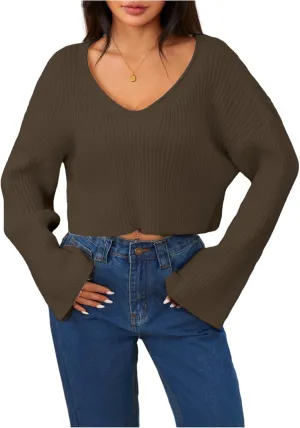 MakeMeChic Women's Cream Cropped Sweater Knit Crop Top Sweater V Neck Drop Shoulder Long Sleeve Pullover