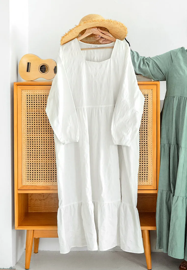 Mallori Cotton Square Neckline Midi Dress - White
